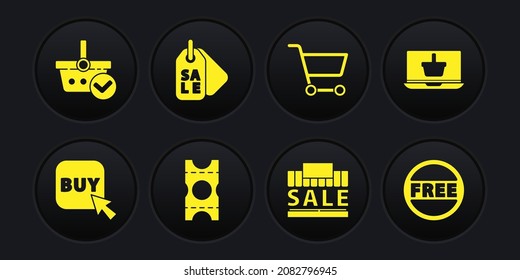 Set Buy button, Shopping basket laptop, Coupon, building and sale, cart, Price tag with Sale, Free and check mark icon. Vector