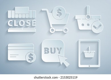 Set Buy button, Shopping basket with check mark, Credit card and dollar, tablet, cart and building text closed icon. Vector