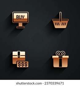 Set Buy button, Shopping basket, Item price tag with dollar and Gift box icon with long shadow. Vector