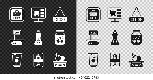 Set Buy button, Shopping cart computer, Hanging sign with Closed, Yogurt container, Fish plastic tray, Electronic scales for product,  and Sauce bottle icon. Vector