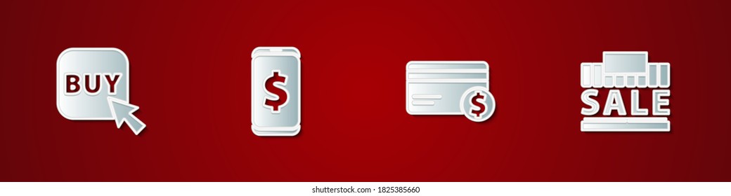 Set Buy button, Smartphone with dollar, Credit card and and Shopping building sale icon. Vector.