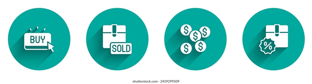 Set Buy button, Sold, Dollar symbol and Cardboard box with discount icon with long shadow. Vector