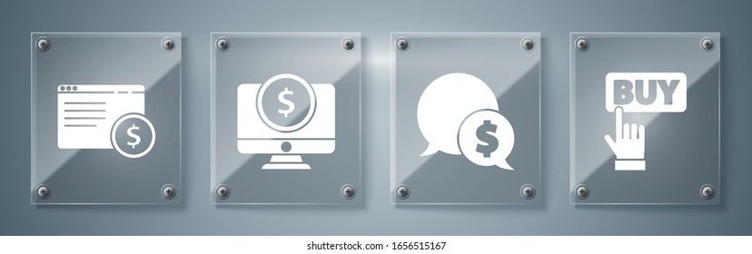 Set Buy button, Speech bubble with dollar, Computer monitor with dollar and Online shopping on screen. Square glass panels. Vector