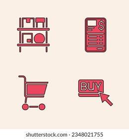 Set Buy button, Warehouse interior with boxes, Paper financial check and Shopping cart icon. Vector