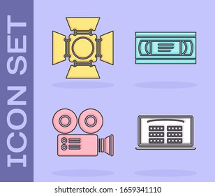 Set Buy cinema ticket online , Movie spotlight , Cinema camera  and VHS video cassette tape  icon. Vector