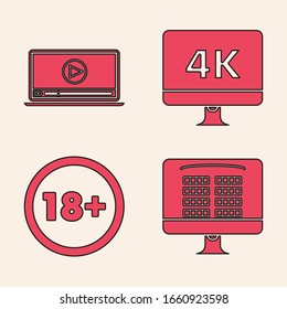 Set Buy cinema ticket online , Online play video , Computer PC monitor with 4k video technology  and Under 18 years icon. Vector