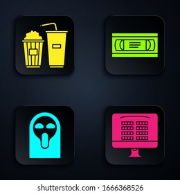Set Buy cinema ticket online , Popcorn and soda drink glass, Funny and scary ghost mask and VHS video cassette tape . Black square button. Vector