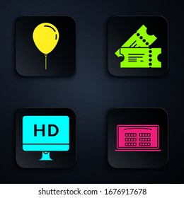 Set Buy cinema ticket online , Balloon with ribbon , Computer PC monitor with HD video technology  and Cinema ticket . Black square button. Vector