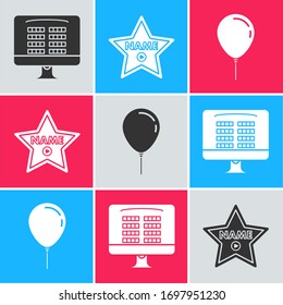 Set Buy cinema ticket online , Hollywood walk of fame star on celebrity boulevard  and Balloon with ribbon  icon. Vector