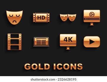 Set Buy cinema ticket online, Online play video, Play, Computer PC monitor with 4k technology, Video, Comedy and tragedy theatrical masks, Drama and movie, tape, frame icon. Vector