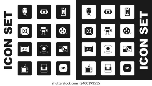 Set Buy cinema ticket online, Retro Camera, Movie spotlight, Microphone, Film Reel, Cinema, Old film film account frame y Screen tv con 4k icon. Vector