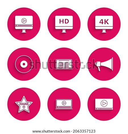 Set Buy cinema ticket online, Online play video, Megaphone, Hollywood walk of fame star celebrity boulevard, CD or DVD disk, Computer PC monitor with 4k technology and  icon. Vector