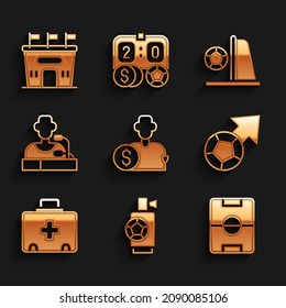 Set Buy Football Player, Air Horn, Football Field, Soccer, First Aid Kit, Press Conference, Goal With And Stadium Icon. Vector