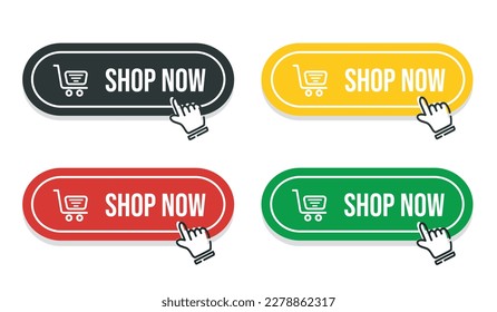 Set of buy now buttons with hand cursors consisting of red, green, black, and yellow. Clicking the button hand pointer. Isolated button click. Shop now. Online shopping. Vector illustration.