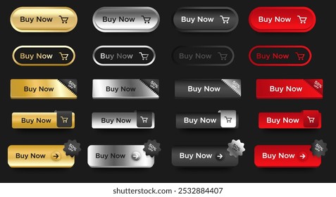 Set of Buy Now buttons icon design template. Gold, Silver metallic, Black, Red. Buy Now push buttons collection isolated. vector
