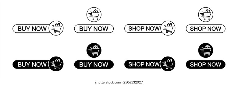 set of buy now and shop now button icon. online shopping button for app and website icon. vector illustration