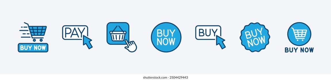 Conjunto de comprar o comprar ahora icono de Botón. Contiene flecha Hacer clic con Carrito de compras, tienda en línea, compra para App y Sitio web. Ilustración vectorial