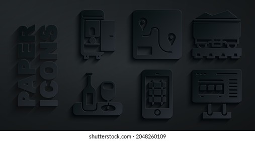 Set Buy train ticket online, Coal wagon, Wine bottle with glass, Ticket office to buy tickets, Route location and Toilet the car icon. Vector