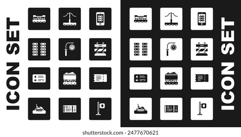 Set Buy train ticket online, Train station clock, Railway, railroad track, Cargo wagon, End of railway tracks,  and Road traffic signpost icon. Vector