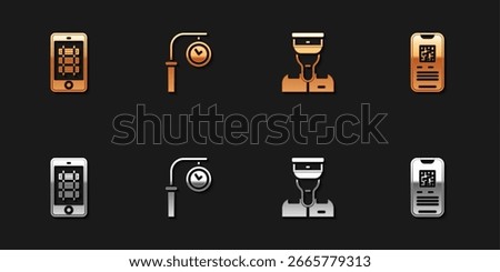 Set Buy train ticket online, Train station clock, conductor and E-ticket icon. Vector