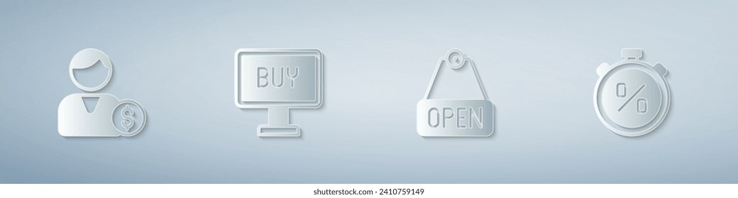 Establece el comprador, botón, el signo de colgando con el texto Abrir y el descuento por porcentaje de Stopwatch. Estilo de arte de papel. Vector