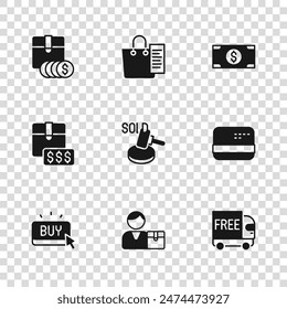 Set Buyer, Credit card, Free delivery service, Auction hammer, Stacks paper money cash, Item price tag with dollar, Shopping list and  icon. Vector