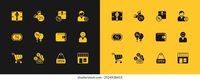 Set Buyer, Tax payment, Wallet, Hanging sign with text Open, Discount percent tag, Cardboard box discount, Stacks paper money cash and Telephone 24 hours support icon. Vector