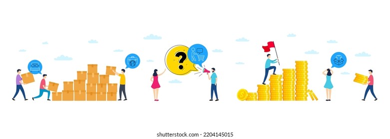 Set of Buyer think, Pillows and Businessman case line icons. People characters with delivery parcel, money coins. Include Clothing icons. For web, application. Vector