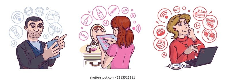 Set of buyers ordering goods, shopping online. Man choosing shave products. Woman doing make up and select cosmetic products. Woman ordering dessert. Flat vector illustration