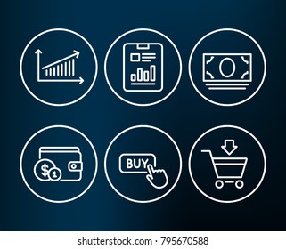 Set of Buying accessory, Chart and Buy button icons. Cash money, Report document and Online market signs. Wallet with coins, Presentation chart, Online shopping. Vector