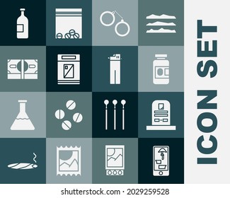 Set Buying drugs online on phone, Tombstone with RIP written, Medicine bottle and pills, Handcuffs, Cigarettes pack box, Stacks paper money cash, Alcohol drink and Lighter icon. Vector