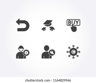 Set of Buying, Find user and Engineer icons. Throw hats, Undo and Copywriting network signs. E-commerce shopping, Search person, Worker with cogwheel. College graduation, Left turn, Content networking