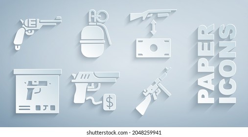 Set Buying Gun Pistol, Assault Rifle, Military Ammunition Box, Tommy, Hand Grenade And Revolver Icon. Vector