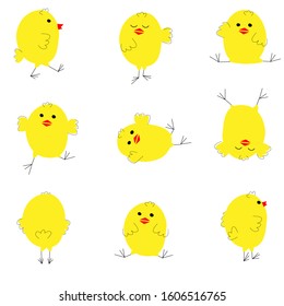 Set by cute chicken with different pose on a white background in bright colors in kids cartoon style. Vector Illustration. Print or Poster Design, web sites, printed materials for Easter, kids Design