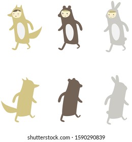 Set by cute Kids in carnaval costume. Masquerade. Funny characters animal bunny, bear, fox in scandinavian style. Front view and back view in pastel colors. Print or Poster Design for Kids, banner.
