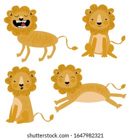 Set by cute lion with different pose on a white background in brown, orange colors in kids cartoon style. Vector Illustration. Print or Poster Design, web sites, printed materials, kids Design