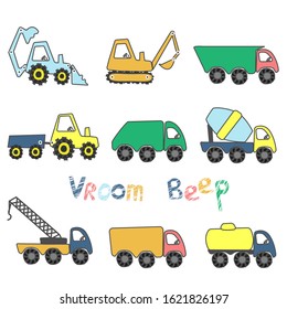 Set by cute toy cars. Different cars - tractor, truck, tank, concrete mixer, truck crane, garbage truck, dump truck. Print or Poster Design for Kids, Card, Baby dishes, clothes, web sites