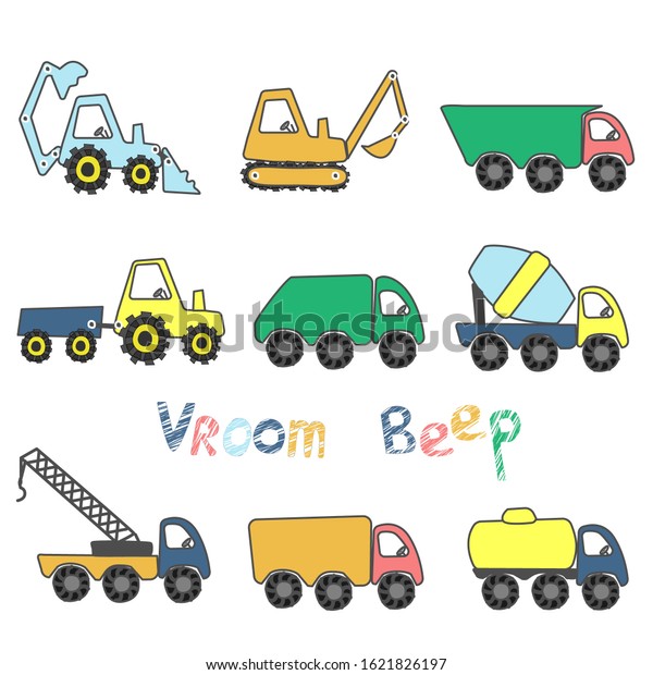 Set by cute toy cars. Different cars - tractor,
truck, tank, concrete mixer, truck crane, garbage truck, dump
truck. Print or Poster Design for Kids, Card, Baby dishes, clothes,
web sites