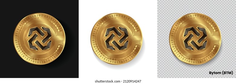 Set of Bytom BTM crypto currency logo symbol vector isolated on white, dark and transparent background. Can be used as golden coin sticker, icon, label, badge, print design and emblem