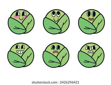 Conjunto de dibujos animados de col con muchas expresiones. Ilustración vectorial de diseño retro de col sobre fondo blanco. Caras de mascota