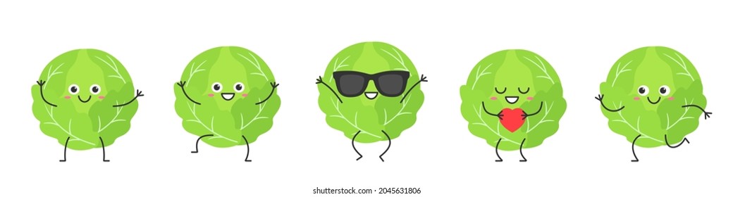 Set cabbage character cartoon emotions joy happiness smiling face jumping running loves icon vegetable beautiful vector illustration.