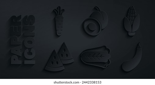 Set Cabbage, Corn, Watermelon, Eggplant, Plum fruit and Carrot icon. Vector