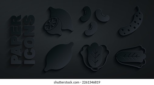Set Cabbage, Fresh cucumber, Lemon, Beans and  icon. Vector