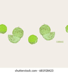 set of cabbage, hand drawn sketch line art seamless pattern vector.