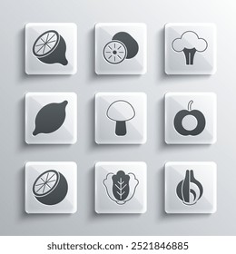 Set Cabbage, Onion, Peach fruit, Mushroom, Orange, Lemon,  and Broccoli icon. Vector