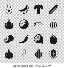 Set Cabbage, Plum fruit, Watermelon, Mushroom, Orange, Bell pepper, Avocado and Fresh cucumber icon. Vector