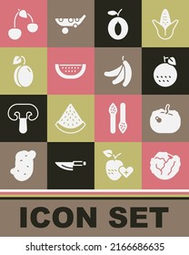 Set Cabbage, Pumpkin, Orange fruit, Plum, Watermelon, Cherry and Banana icon. Vector