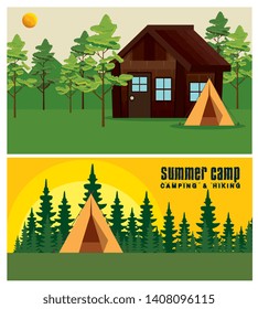 set of cabin and camp with pines trees landscape