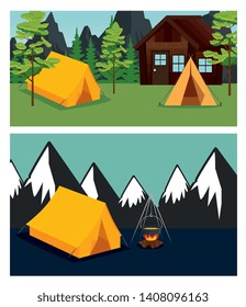 set of cabin and camp with trees and mountains
