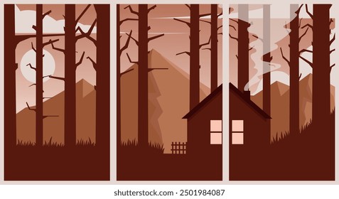 set of cabin homes in the middle of forest with beautiful natural views vintage poster illustration design